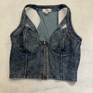 Marilyn Monroe Womens Charcoal Black Zip Up Sleeveless Denim Crop Top Size M